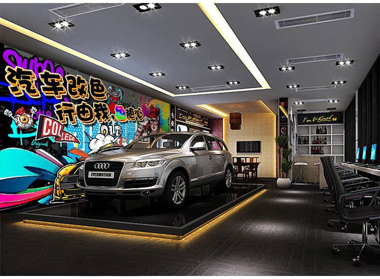 西里尔汽车改色形象墙壁纸车衣涂鸦海报壁画保养美容店装饰背景墙纸