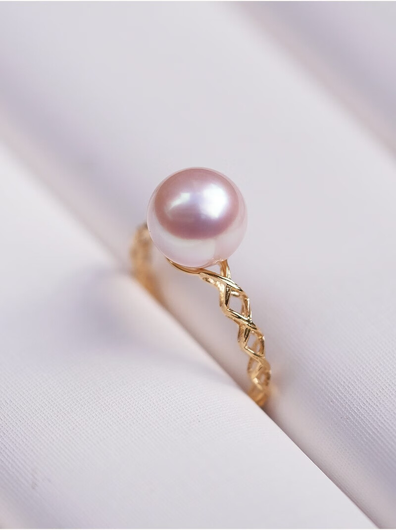 vc18k日本akoya珍珠戒指天女粉色海水麻花款戒指正圆无暇送女友89mm