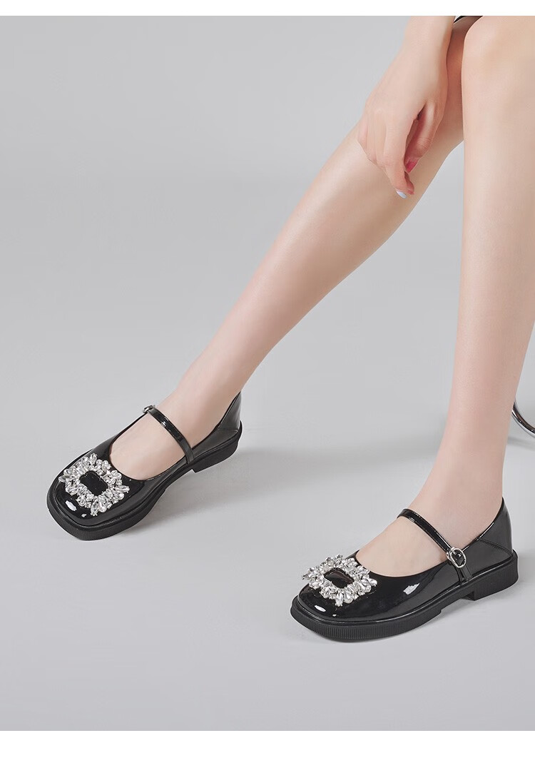 戈美其2022春季新款水钻方扣浅口单鞋女平底鞋休闲百搭玛丽珍女鞋