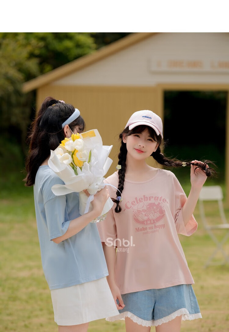 原创森女部落夏日闺蜜装多色圆领t恤元气减龄上衣夏蓝色s