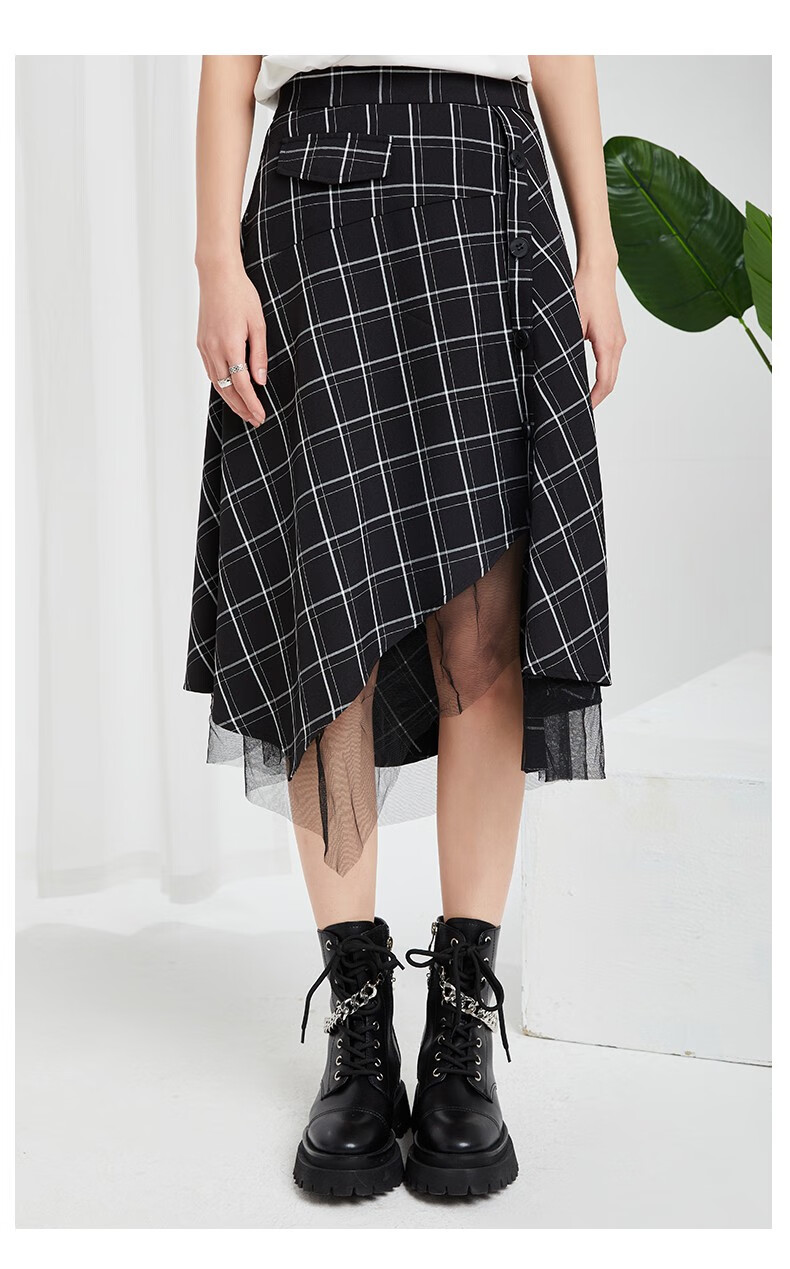 金苑裙子女2022夏季新款时尚格子黑色不规则网纱半身裙子b222111 彩色