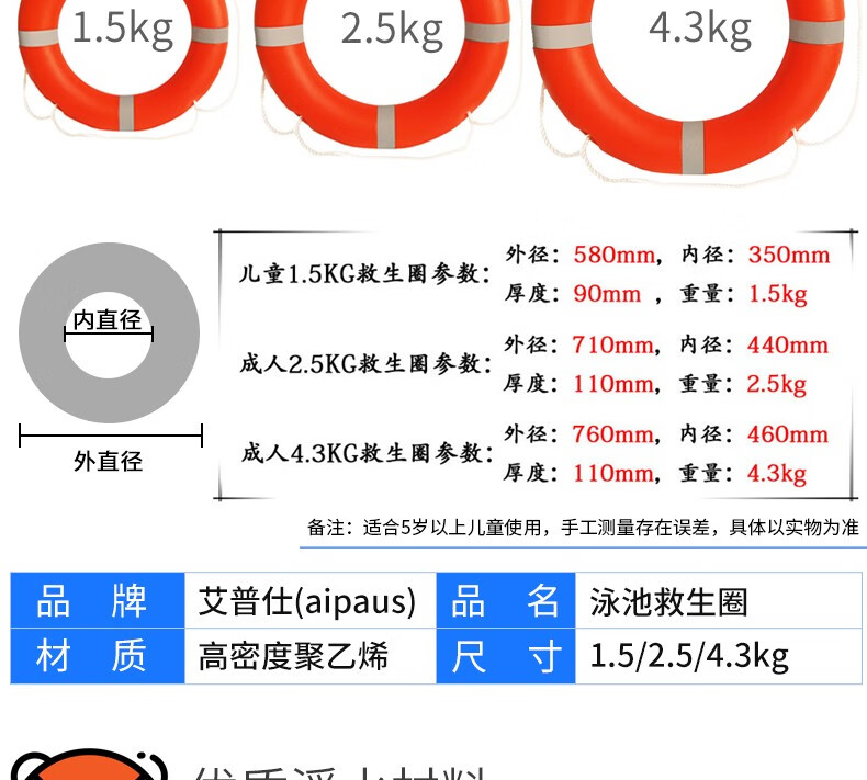 艾普仕(aipaus) 成人救生圈游泳池设备标准救生圈 专业 加厚塑料救生