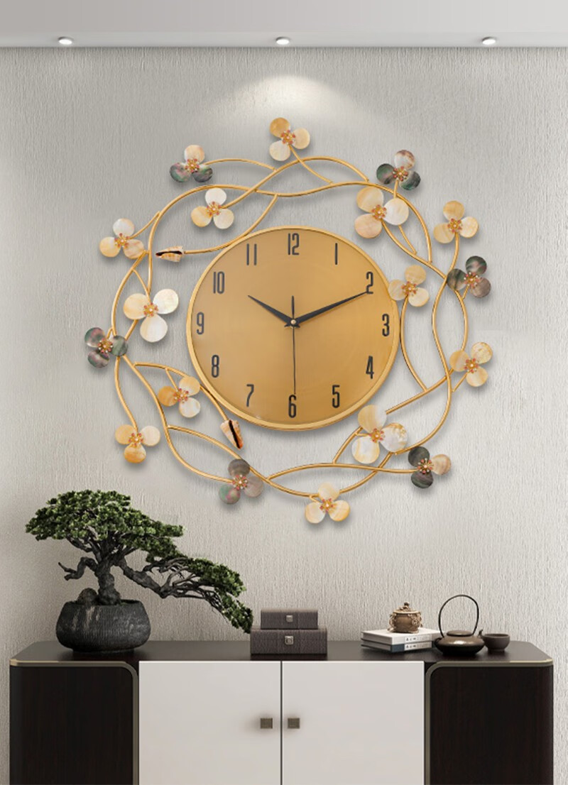 韵言 现代轻奢钟表挂钟客厅家用时尚2022天然贝壳创意大气艺术个性