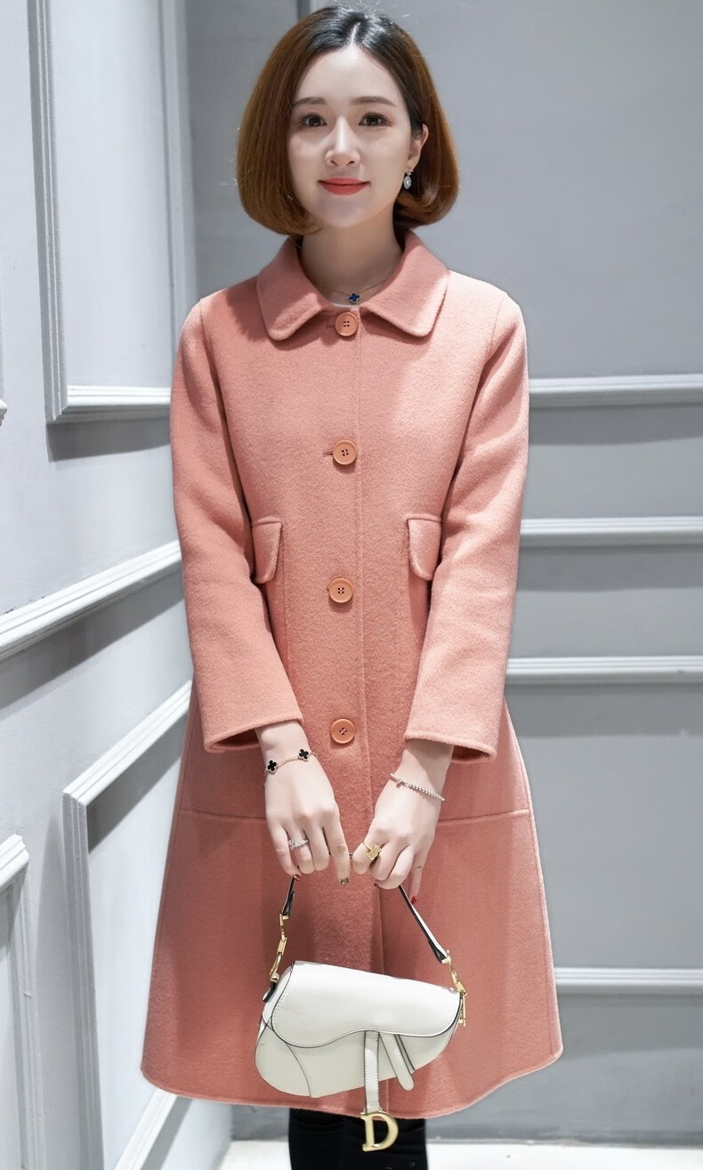 珂曼苏品牌女装年双面呢大衣毛呢子尼外套妮子中长小个子女装玫粉色l