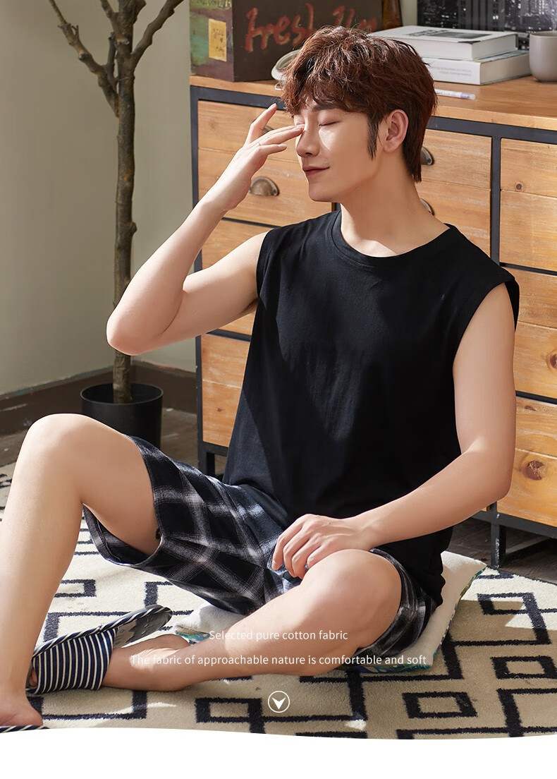男士睡衣夏天无袖背心短裤纯棉薄款青少年学生夏季青年加肥加大码休闲