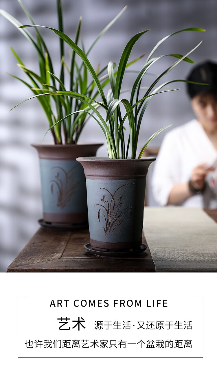鸿韵抟砂宜兴紫砂兰花盆大口径君子兰盆陶瓷兰草盆专用盆带托盘促销