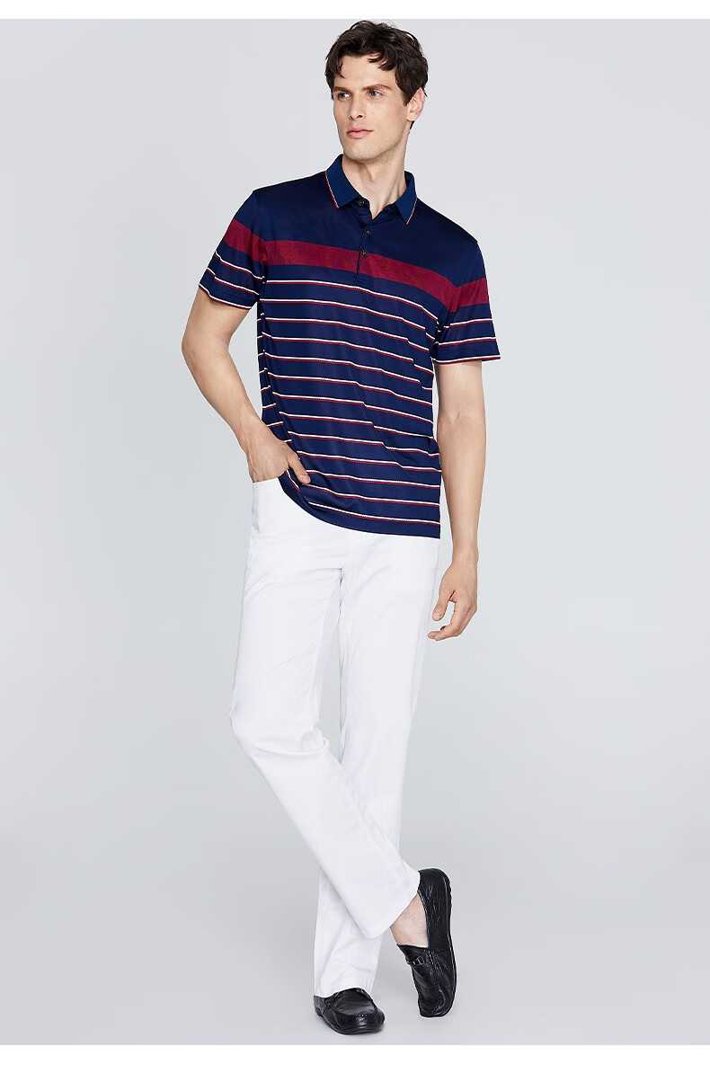 含桑蚕丝百斯盾短袖polo衫男士2022春夏新款翻领商务条纹短袖男深湖蓝