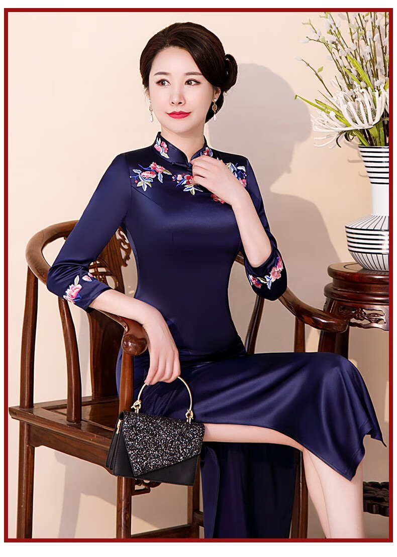 欧迪鸟品牌女装醋酸缎旗袍女2020秋季新款长款高端刺绣中年妈妈气质