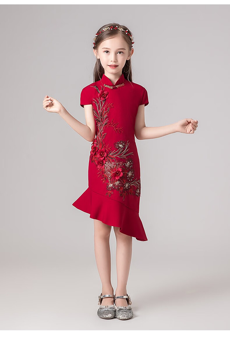 蕊派女童改良旗袍裙宝宝童装春夏儿童中国风小女孩连衣裙红色a款110码