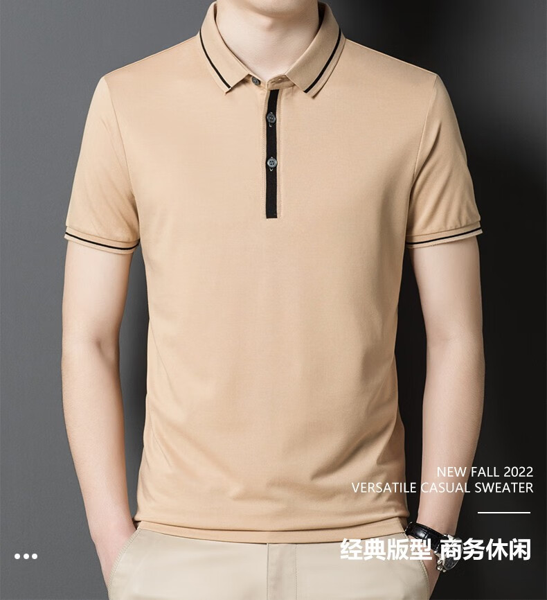 香港老爷车含桑蚕丝短袖t恤男中年翻领纯色薄款高档品牌男士免烫半袖