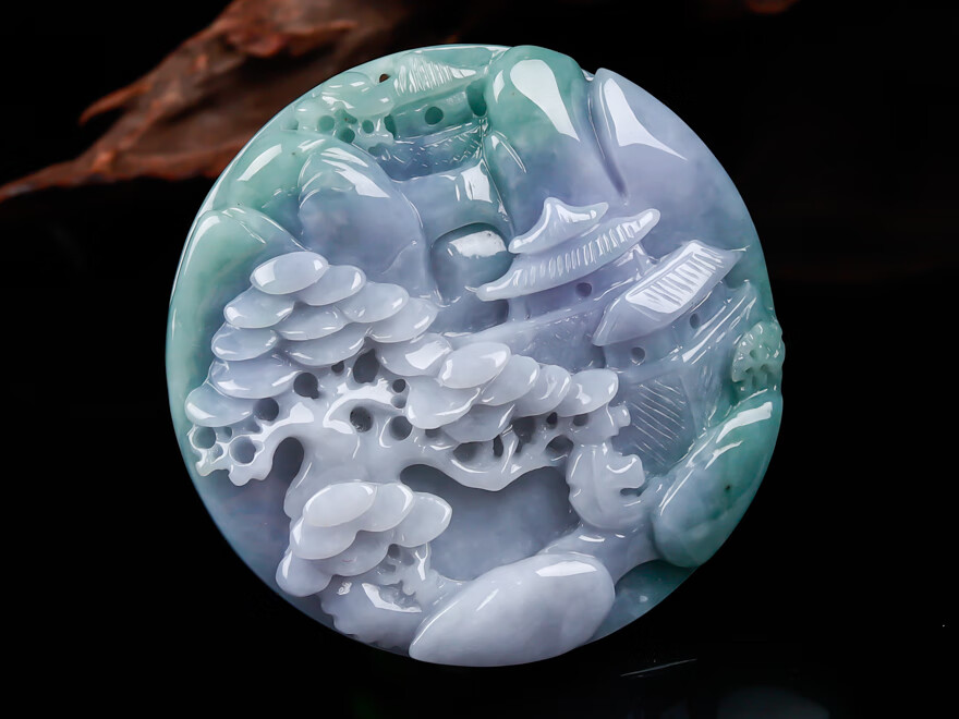 冰芝玉翡翠珠宝春带彩山水牌7122g