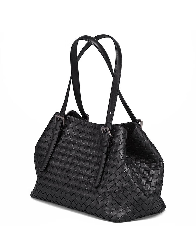 bottegaveneta宝缇嘉bv女包皮革编织单肩敞口手提包黑色