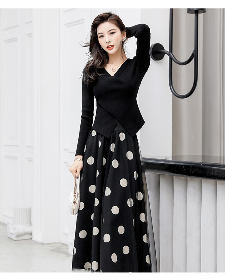 x&j品牌两件套连衣裙女2020秋装新款韩版时尚过膝中长款大波点修身