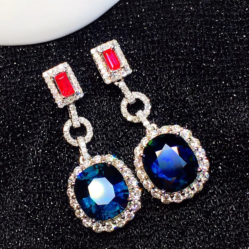 pearlboat 蓝宝石红宝石耳钉 珠宝首饰耳坠耳环18k金镶钻彩宝 重8.