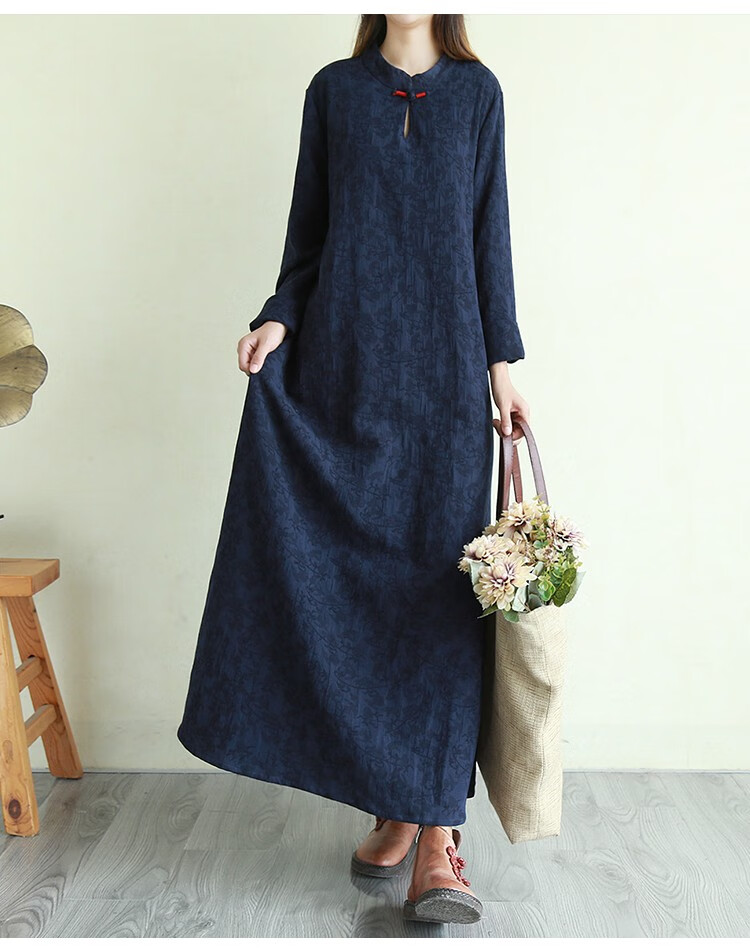 民族风女装连衣裙女20秋季复古民族风盘扣棉麻长袖连衣裙长款宽松提花