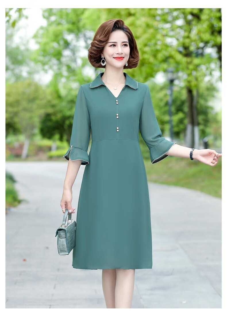 妈妈装收腰显瘦裙子中年女士过膝a字裙老人衣服女绿色4xl建议135145斤