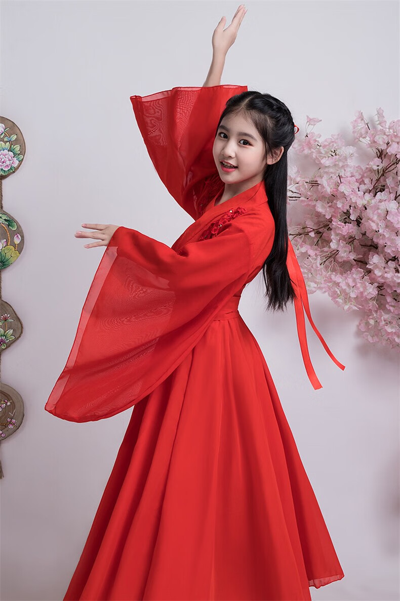 女童汉服古装儿童女古代衣服女仙女红昭愿古装古筝演出服中国风 红色
