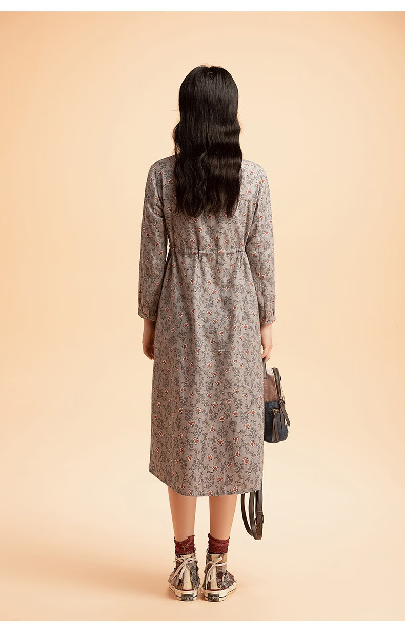 渔女装秋装新款2022长款开扣抽绳收腰印花纯棉全棉连衣裙fgec0002 灰