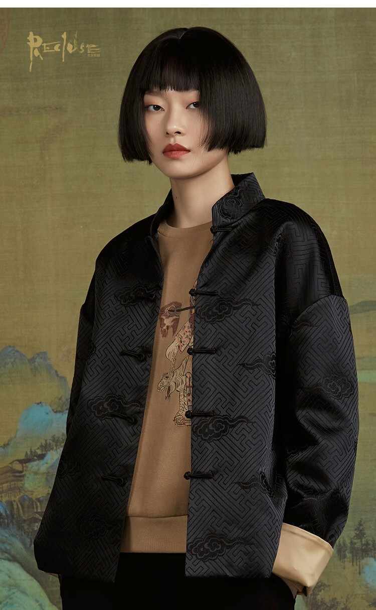 recluse拱璧中国风立领盘扣设计织锦缎改良唐装情侣外套黑色女现m
