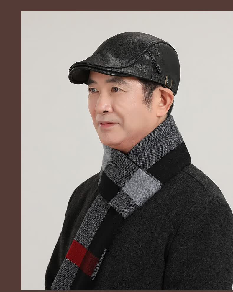 恒源祥头层羊皮真皮帽子男士秋冬季保暖中年人休闲百搭前进画家贝雷帽
