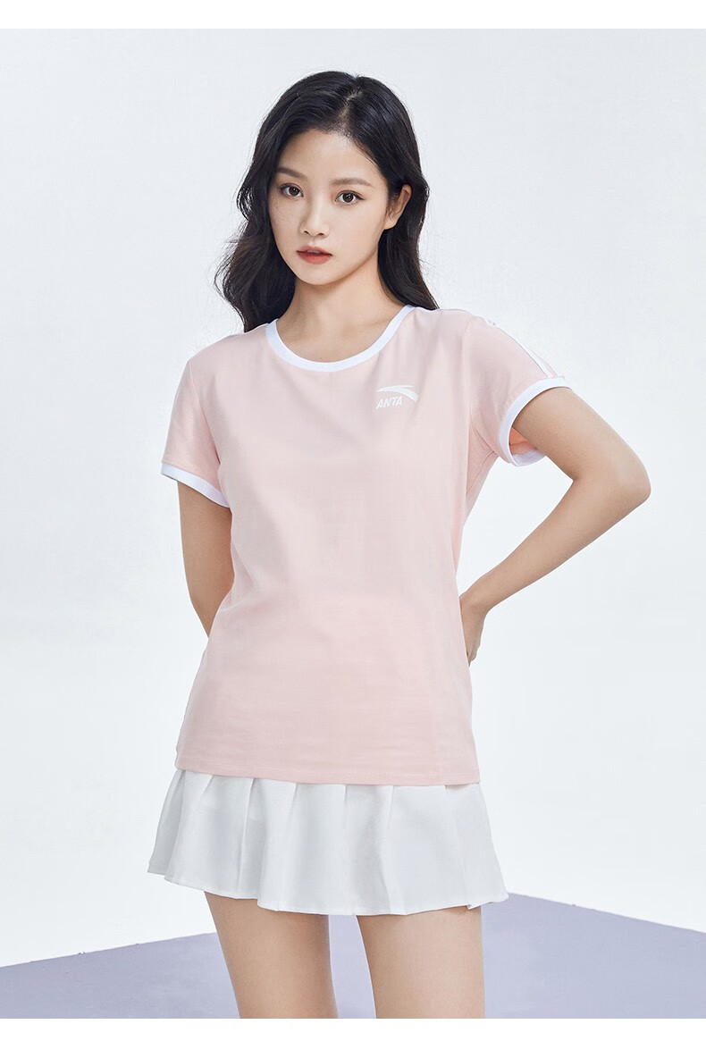 安踏女装短袖t恤女夏季运动圆领条纹字母透气易干薄款女士休闲短袖