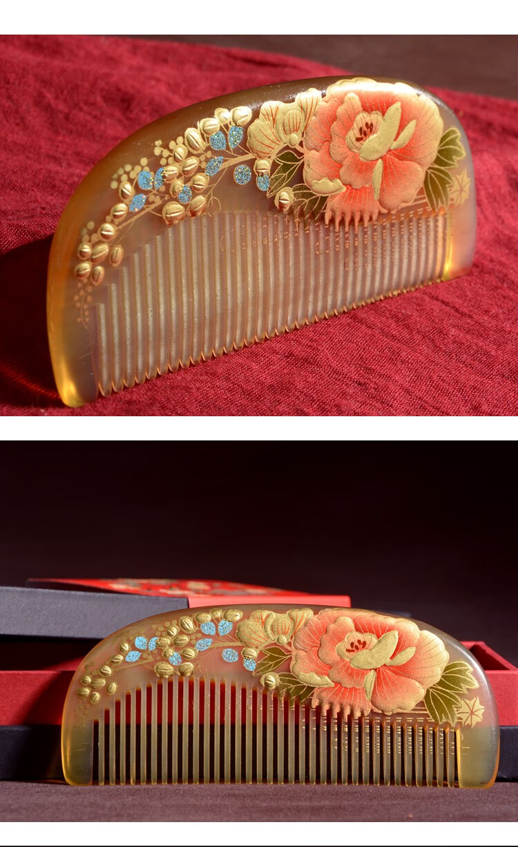 伯莎丹顿天然牛角梳子家用纯手绘漆艺梳送妈妈生日礼物便携使用小梳子