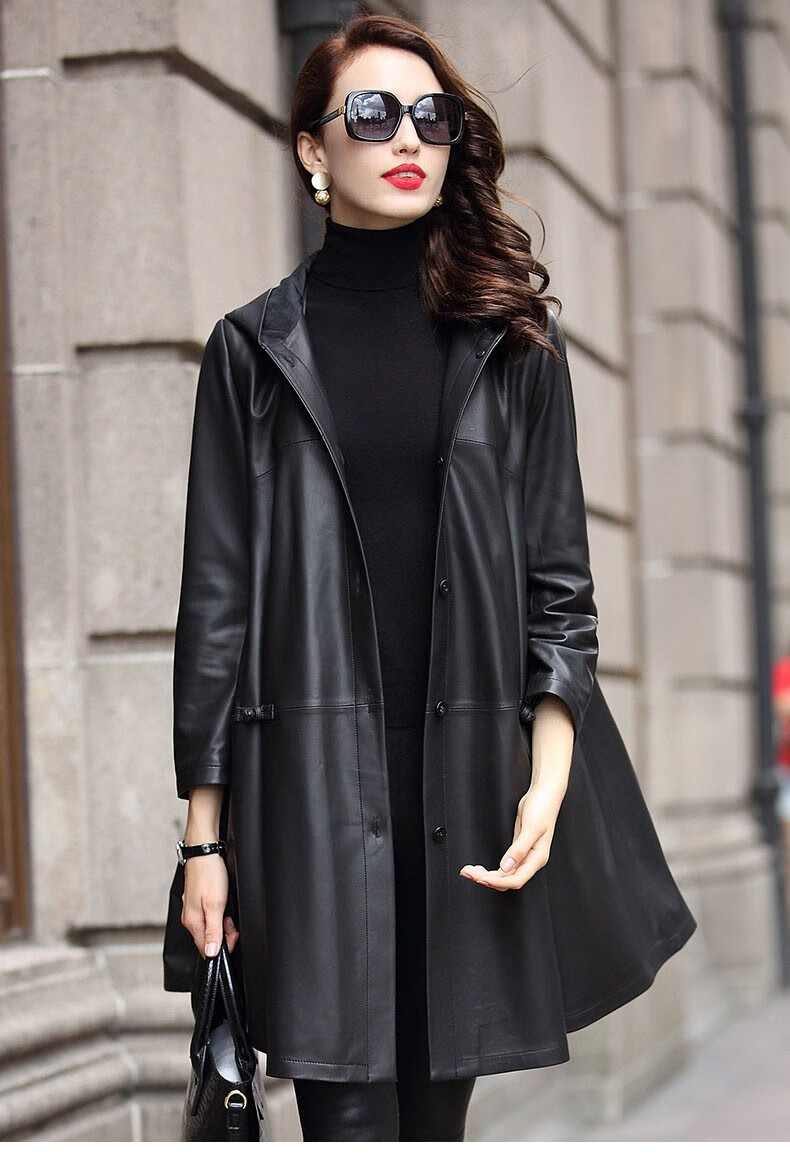 2020秋冬新款欧版时髦女装绵羊皮风衣外套时尚真皮皮衣女 黑色棉款