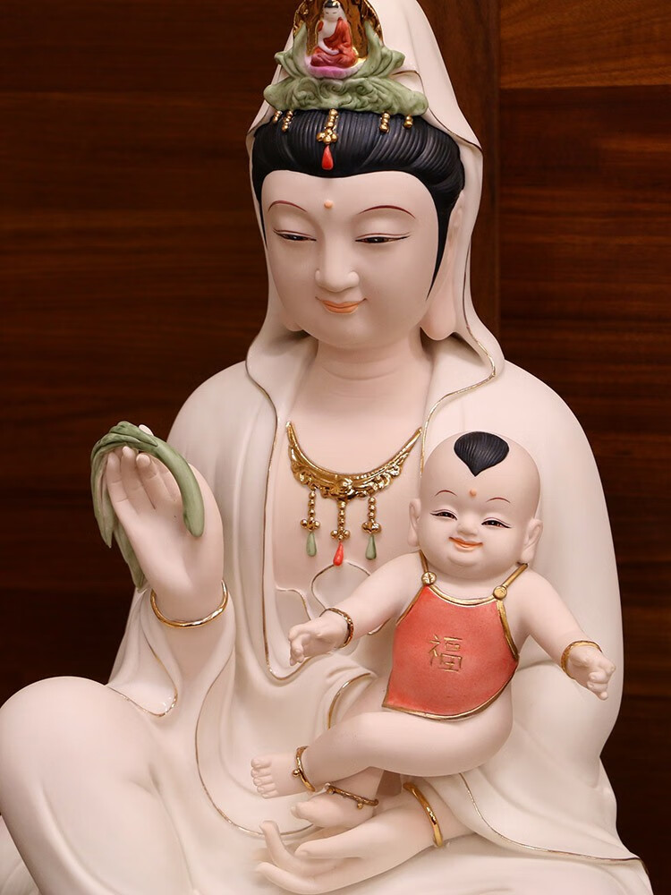 德化瓷白瓷陶瓷抱子观音佛像客厅摆件摆件家用童子菩萨婚礼工艺礼品16