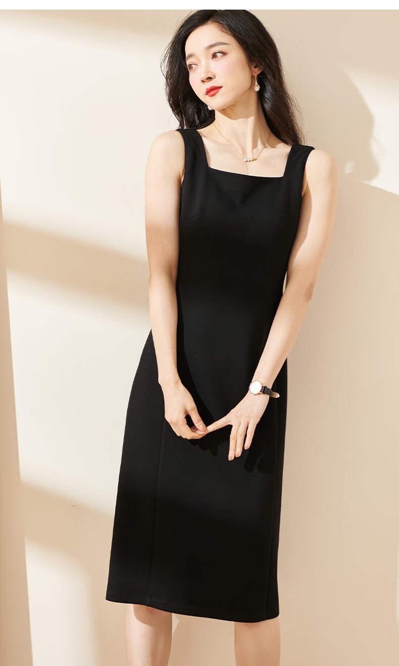 珂曼苏品牌女装2022夏季新款简约气质无袖裙子遮肉显瘦方领吊带连衣裙