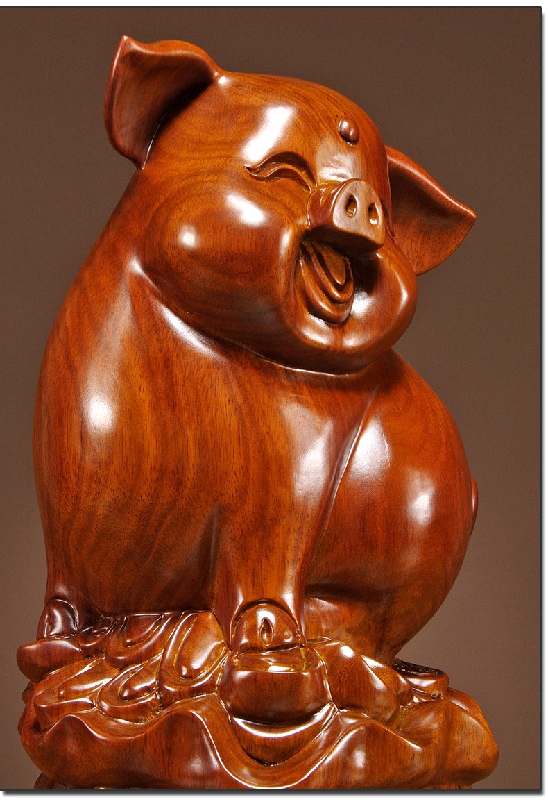 浣彩花梨木雕刻可爱笑脸十二生肖猪家居客厅电视柜装饰摆件开业送礼品