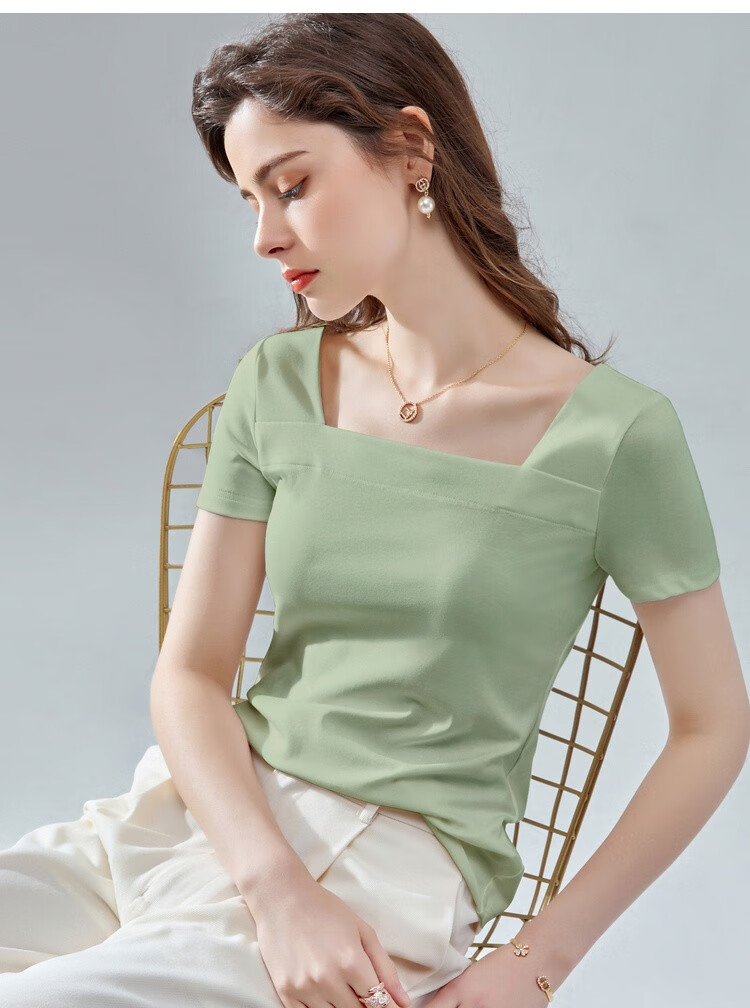 夏季女上衣短袖女t恤减龄ins潮宽松韩版2020新款方领上衣t恤短款锁骨