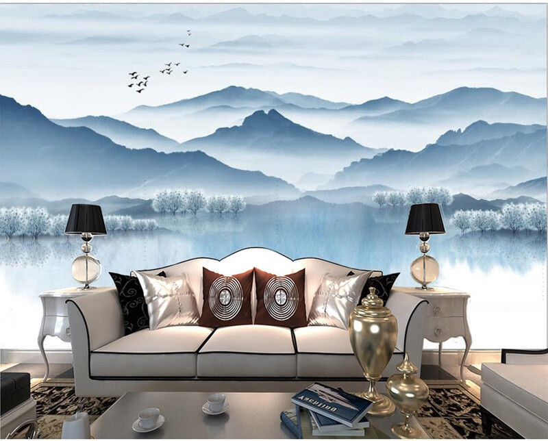 整体大型墙布水墨山水画装修家用电视背景墙壁画书房办公室国画墙纸
