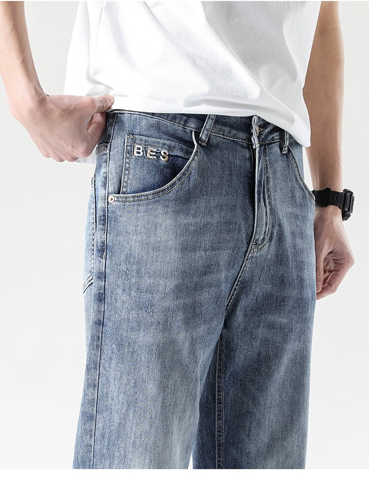 布衣传说竹节肌理纹男士牛仔裤直筒宽松锥形休闲裤长裤子裤潮蓝色31