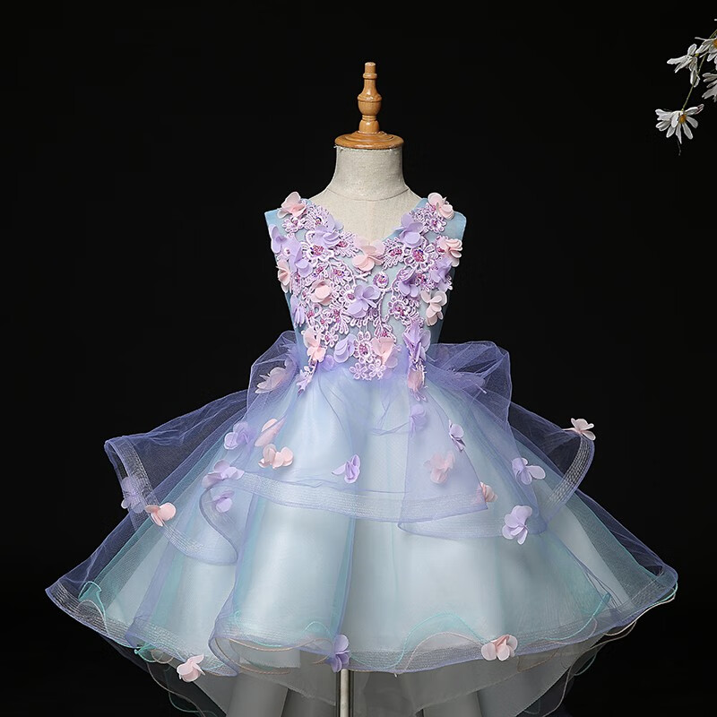 女童公主裙夏季新款燕尾连衣裙前短后长儿童主持洋气婚纱表演礼服浅