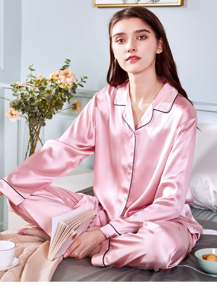 美标情侣真丝长袖睡衣套装春夏女男士19姆米重磅桑蚕丝丝绸家居服