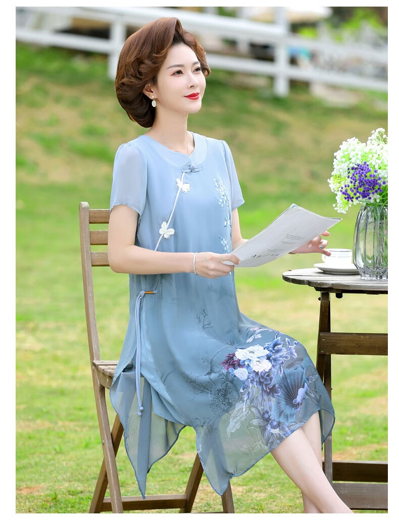 称美中老年女装夏装连衣裙405060岁新款中年妈妈装夏季短袖裙子中长款