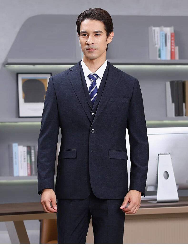 ceiaonkaenu新郎西服套装男士三件套休闲商务正装修身结婚礼服格子