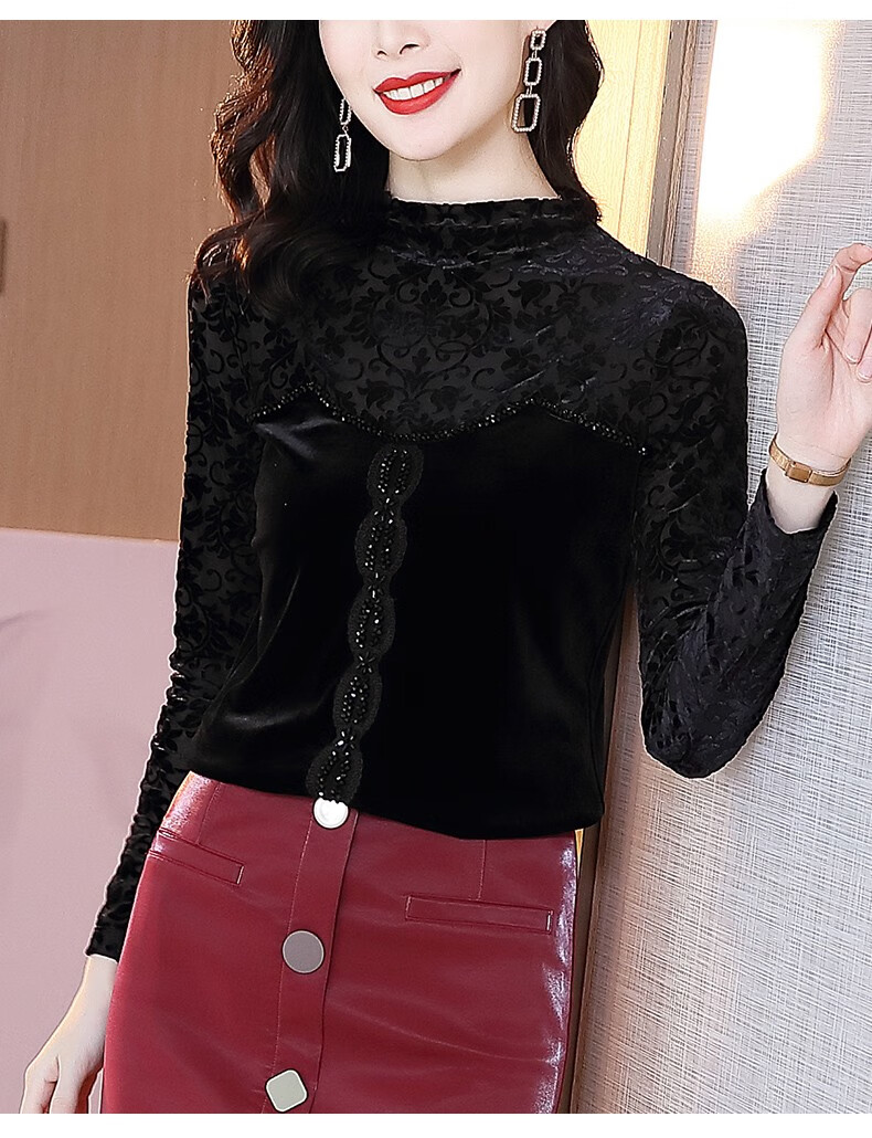 金丝绒打底衫女秋冬2020新款印花钉珠蕾丝长袖假两件女士上衣 图片色