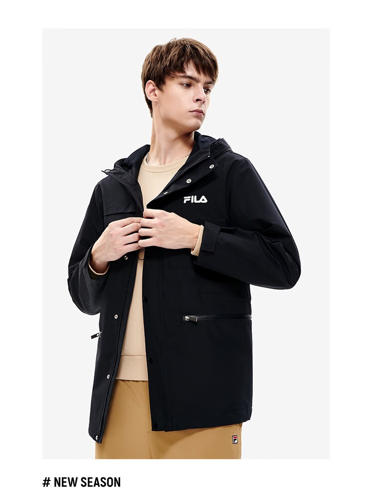 斐乐(fila)官方男子梭织外套2022冬季运动休闲宽松连帽黑色开衫男装