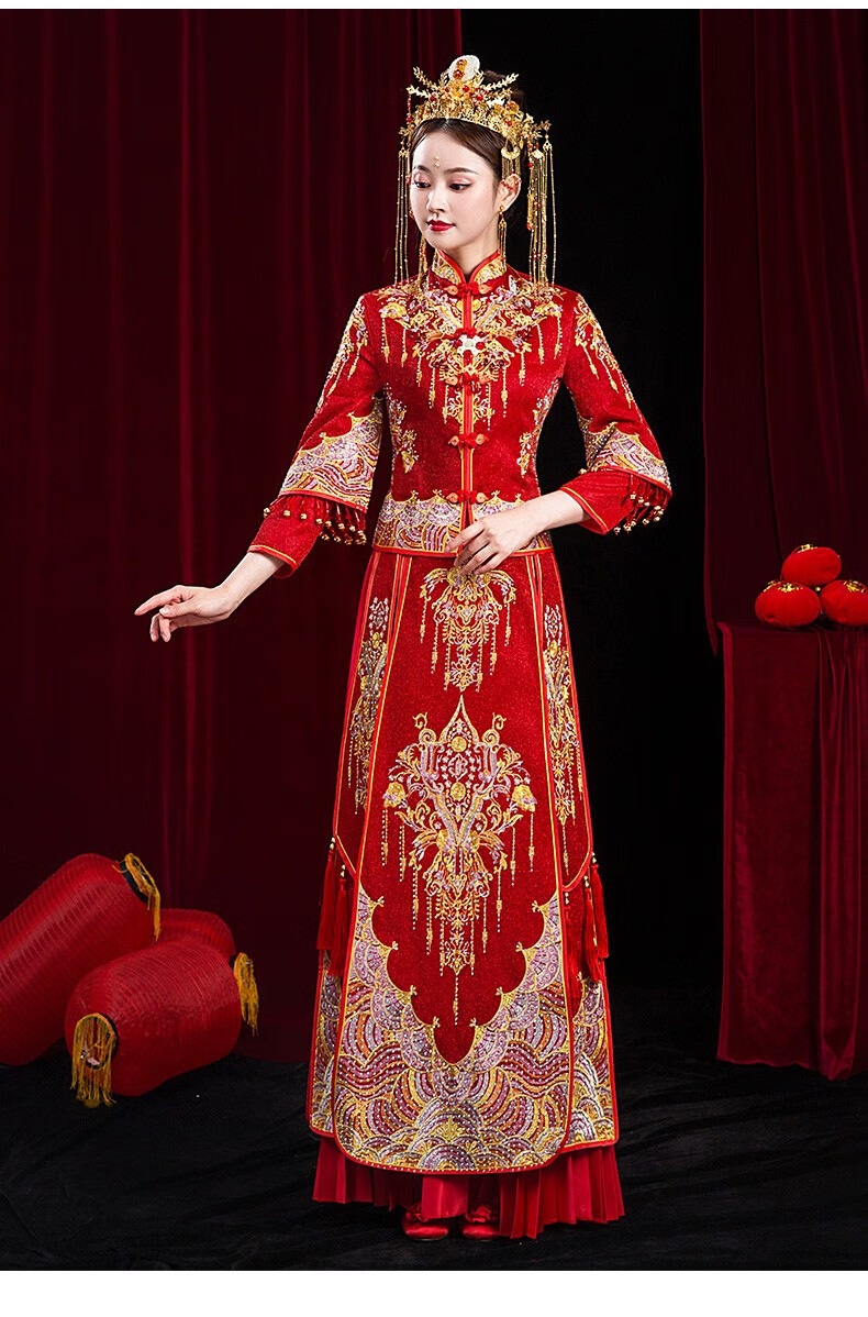 红衣金线秀禾服新娘敬酒服2021新款中式婚礼结婚嫁衣龙凤褂出阁服情侣
