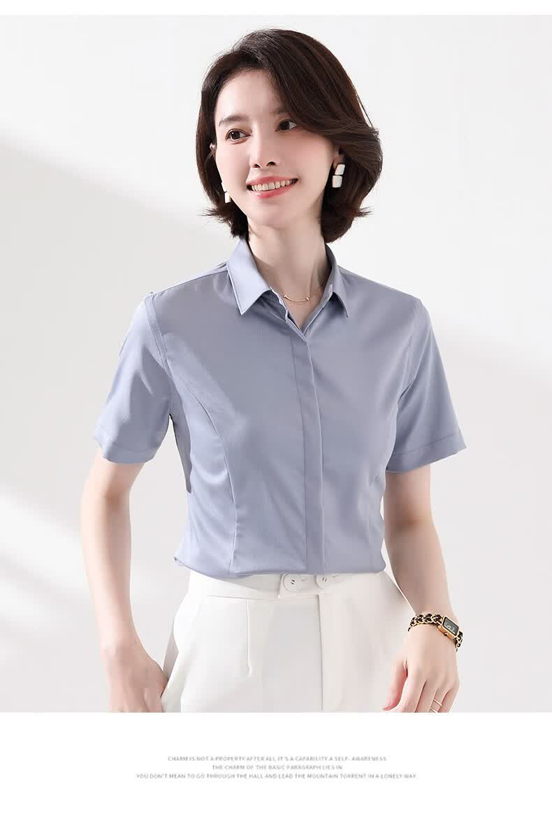 罗蒙romon女士短袖衬衫夏季新款纯色百搭职业工装上衣商务休闲衬衣