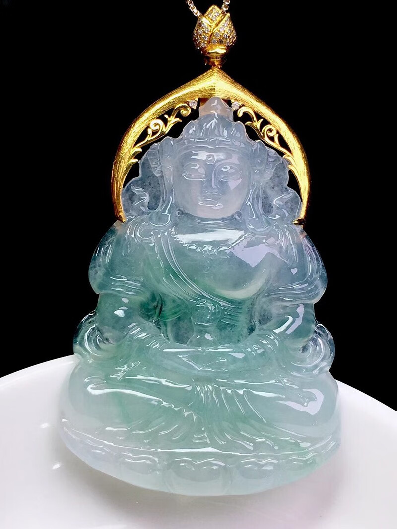 发源地冰种飘绿大度母吊坠翡翠18k金镶钻缅甸a货玉石礼物裸石56740357