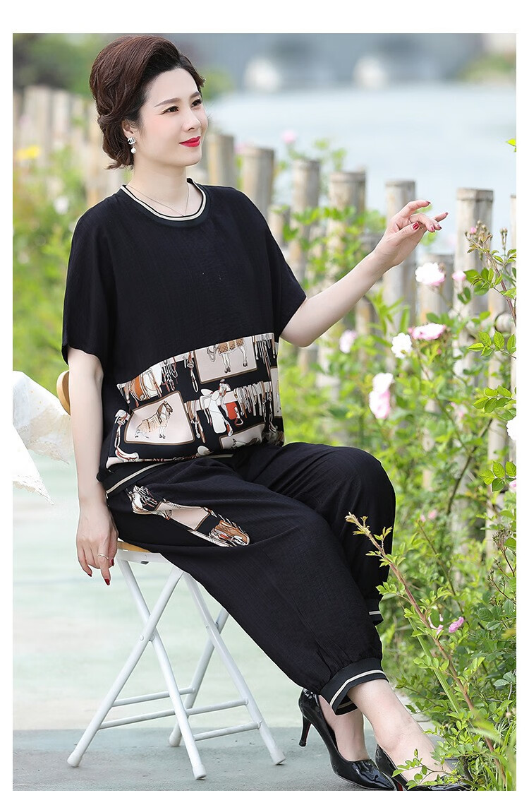 萌菲思胖妈妈加肥加大码夏季新款套装洋气中年上衣服40岁50中老年女装