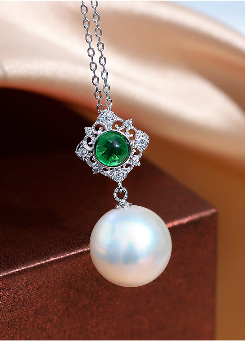 黛米珠宝碧珊正圆大颗粒白色淡水珍珠吊坠s925银项链吊坠女款1314mm