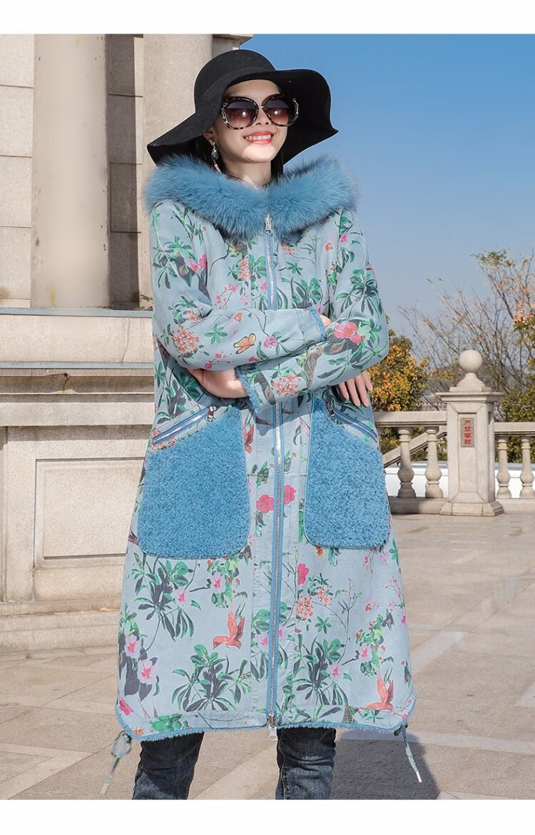 珂曼苏品牌女装2020新款大狐狸毛领羊毛毛呢外套女士印花时尚加厚羊