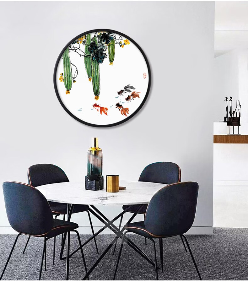 餐厅装饰画新中式实木圆形画框客厅卧室壁画玄关过道动物现代简约免