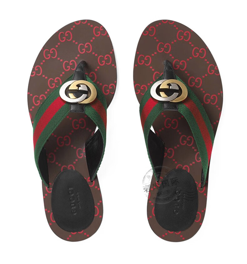 gucci古驰女鞋gg条纹夹脚凉拖鞋人字拖612138 9020 8476绿色编织 38