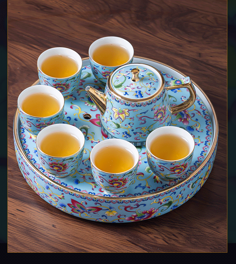 景德镇茶具套装家用客厅珐琅彩功夫茶具陶瓷泡茶中式茶盘茶托 高档