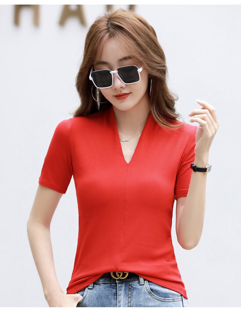 瓦塔诺时尚优雅短袖t恤女装小性感气质修身款夏季上衣新款女士衣服