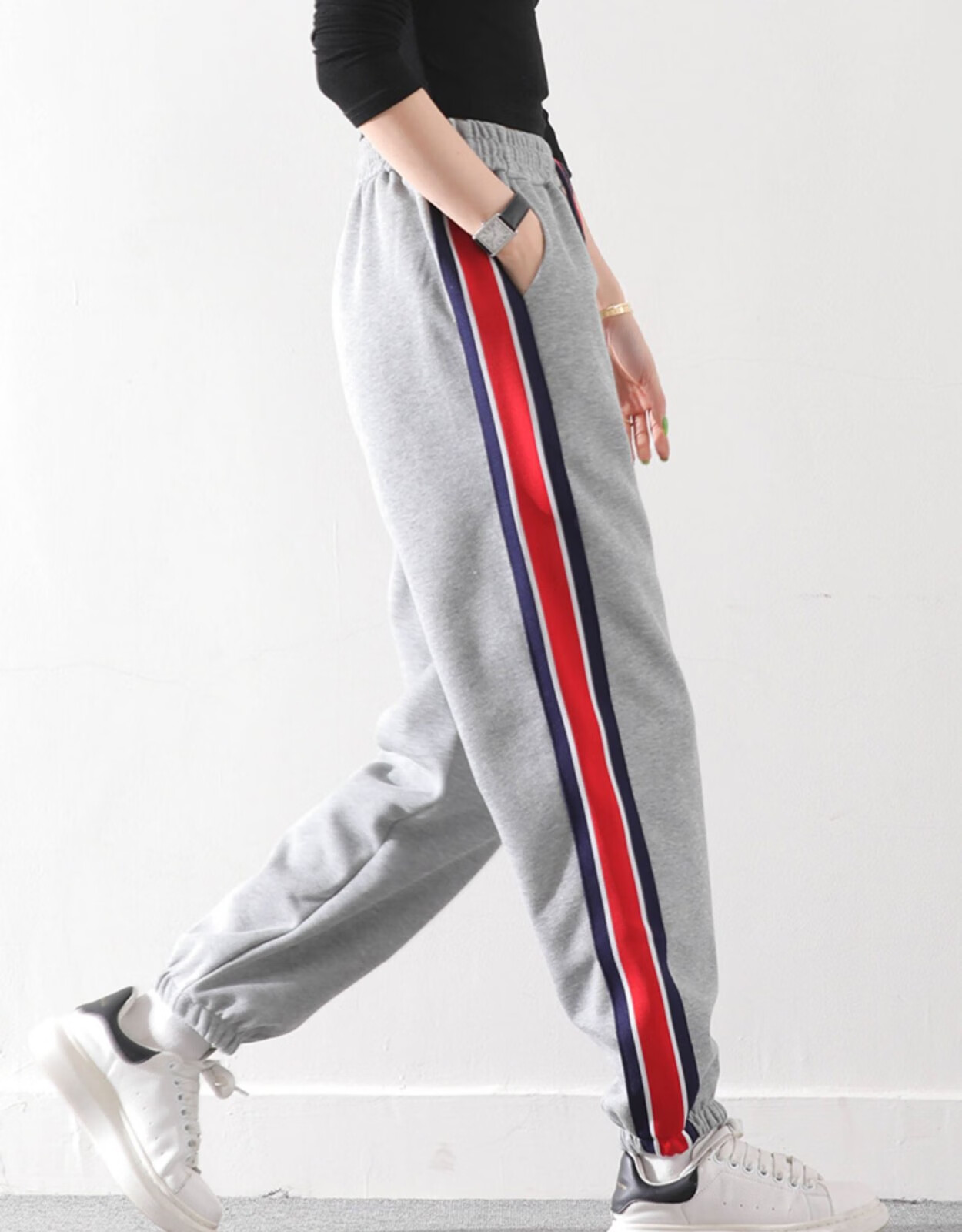 mornymoss品牌轻奢运动裤女春秋新款中年妈妈棉质贴布装饰条纹休闲